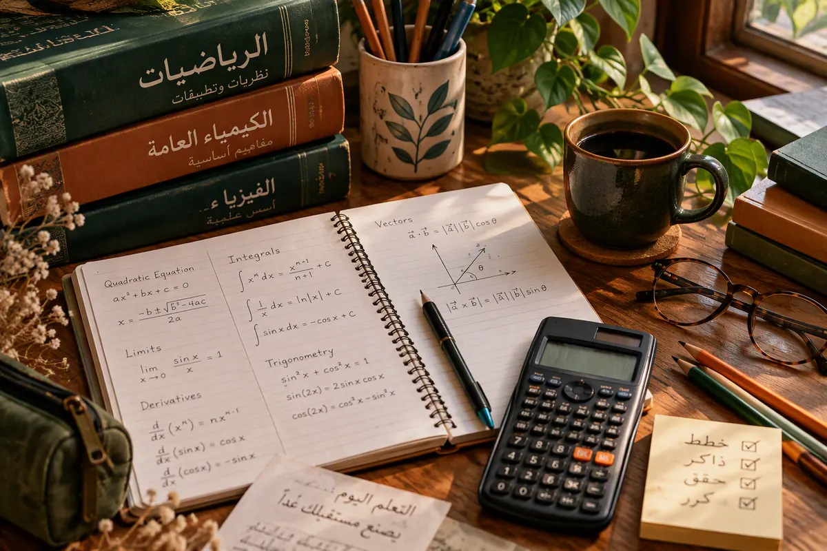 دفتر مذاكرة يحوي مسائل رياضيات وفيزياء وكيمياء إلى جانب كتب دراسية